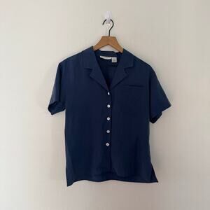 Anne Fontaine Vint Women's Dark Blue 100% Silk Button Up Blouse Size S Petite